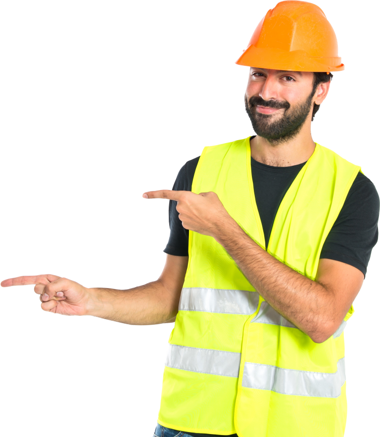 Illustration of a tradesperson in a hi-vis vest and hard hat pointing towards the accompanying text